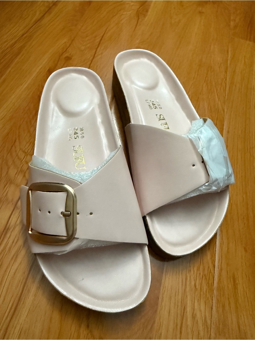 Pastel Pink Buckle Slide Sandals - 7